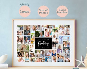 May include: A digital printable photo collage template for a 70th birthday. The template has a black background with white text that says "Happy 70th Birthday Jacqueline!" and is surrounded by 45 smaller squares for photos.