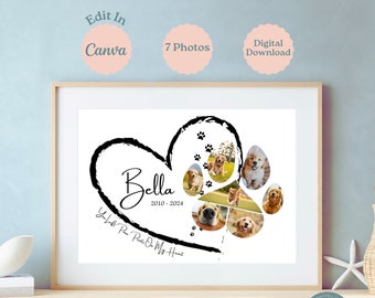 May include: A black and white paw print with a heart shape around it. The paw print is made up of seven photos of a golden retriever dog. The text "Bella 2010-2024 You Left Paw Prints On My Heart" is written inside the heart.