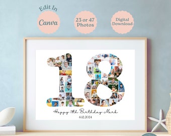18th Birthday Photo Collage, Editable Eighteenth Birthday Picture Collage, Printable 18th Birthday Gift, 18th Birthday Party Sign