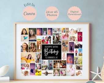 18th Birthday Photo Collage, Editable Eighteenth Birthday Picture Collage, Printable 18th Birthday Gift, 18th Birthday Party Sign