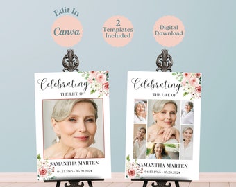 Editable Rose Celebration of Life Poster, Funeral Collage Template, Funeral Poster, In Loving Memory, Rest In Peace, Floral Memorial Poster