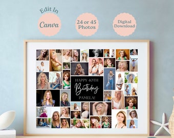 May include: A framed photo collage with a light wood frame. The collage features numerous photos of a woman, with the text "HAPPY 40TH BIRTHDAY PAMELA!" in the center. The words "Edit In Canva", "24 or 45 Photos", and "Digital Download" are also visible.