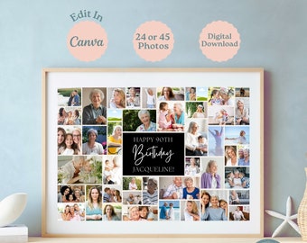 May include: A digital collage of 45 photos in a white frame with a black border. The collage is a birthday gift for Jacqueline and says "Happy 90th Birthday Jacqueline!"