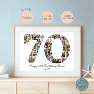 Collage de photos pour 70e anniversaire, décoration pour 70e anniversaire, collage d'images modifiables pour 70e anniversaire, cadeau pour 70e anniversaire, panneau de fête pour 70e anniversaire