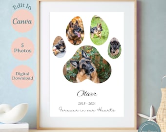 May include: A printable paw print memorial for a dog named Oliver. The paw print is made up of five photos of the dog. The text below the paw print reads "Oliver 2015-2024 Forever in our Hearts".