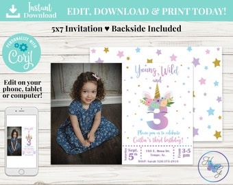 Unicorn Birthday Photo Invitation, Young Wild and Three, Unicorn Party Invitation, Unicorn Third Birthday Photo Invite, 3rd Birthday Invite