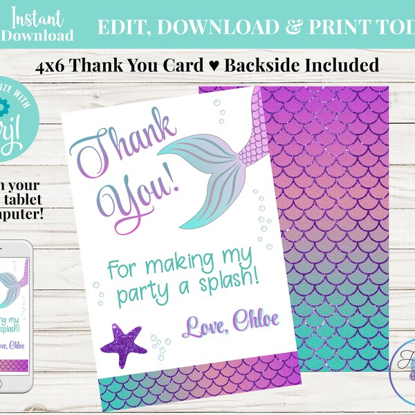 Mermaid Thank You Card, Mermaid Party Thank You Card, Under The Sea Thank You Card, Instant Download Thank You, Purple and Green Thank You