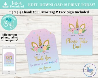 Unicorn Birthday Favor Tags, Party Thank You Tags, Editable Unicorn Printable Party Favor Tags, Unicorn Party Decoration, Rainbow Favor Tags