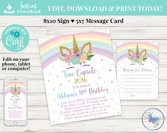 Unicorn First Birthday Time Capsule Corjl Editable Unicorn - Etsy Australia