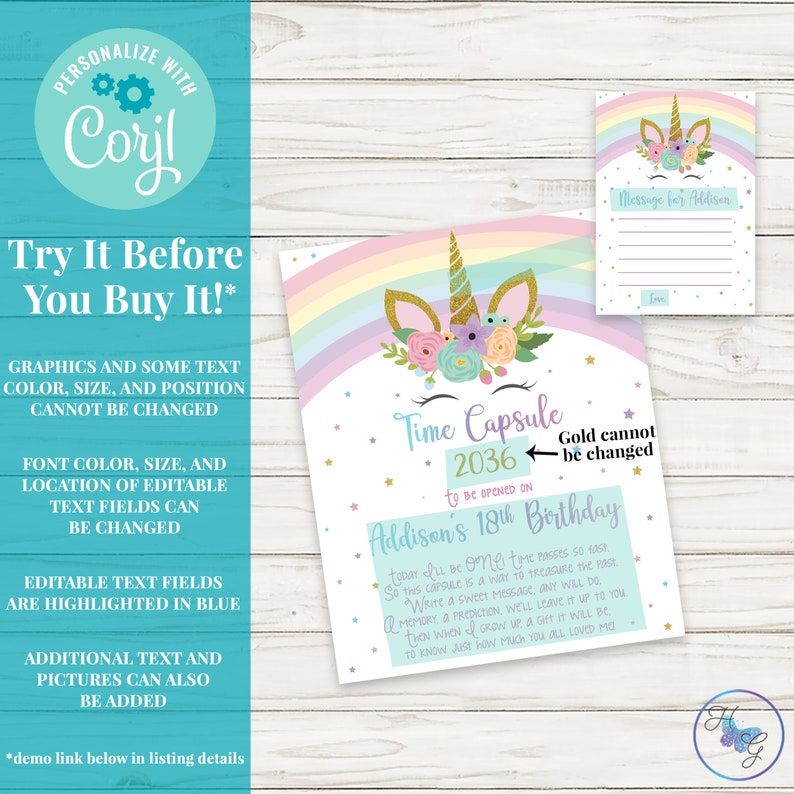 Unicorn First Birthday Time Capsule Corjl Editable Unicorn - Etsy Australia