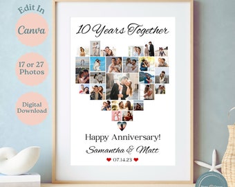 May include: A printable digital download of a heart-shaped photo collage with 27 photos. The collage is titled "10 Years Together" and includes the text "Happy Anniversary! Samantha & Matt 07.14.23".