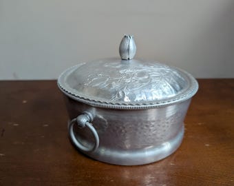 Vintage hammered bread warmer bowl with floral etching and flower top