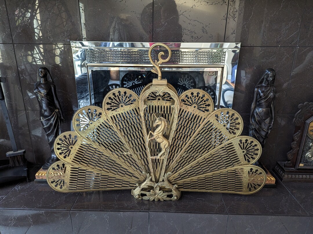 Unicorn Solid Vintage Brass Peacock Fireplace Screener Art Etsy