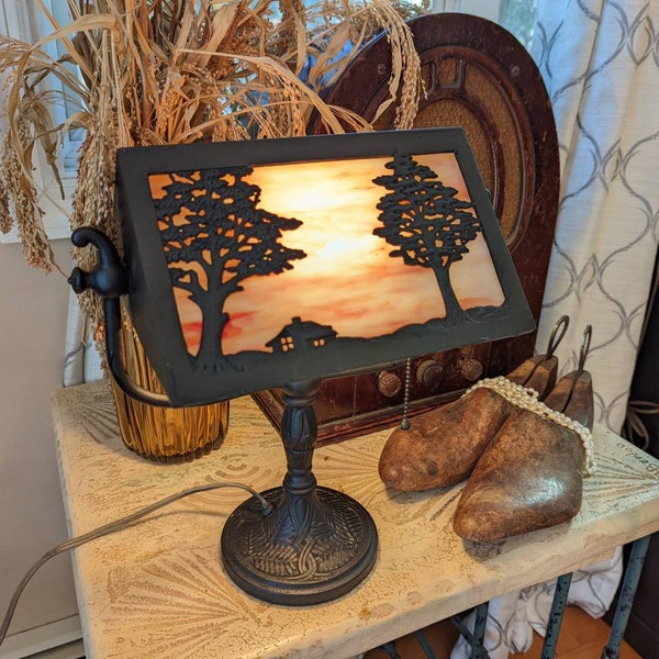 Vintage Bradley Hubbard Era Glass Desk Banker Piano Wrought Iron Lamp with Leaf Pattern, Restored Sunset Glass and Countryside Scene 1930s