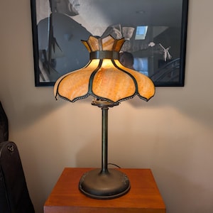 Vintage Art Nouveau Slag Glass Lamp: Milk Colored Pattern, Curved Metal Frame