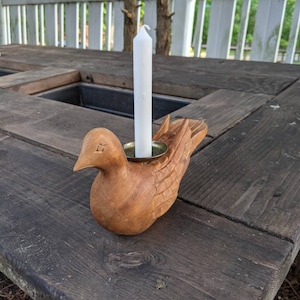 Vintage hand crafted wooden and brass dove candle holder