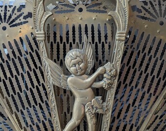 Cherub angel solid vintage brass peacock fireplace screener Art Deco style - XLarge