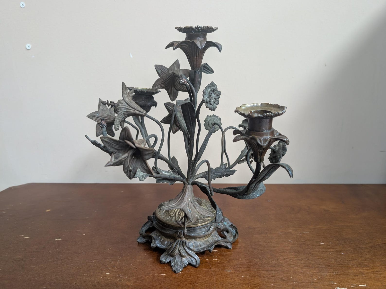 Antique Solid Brass Floral Candelabra: Lily Blossom Candle Holder (12"h