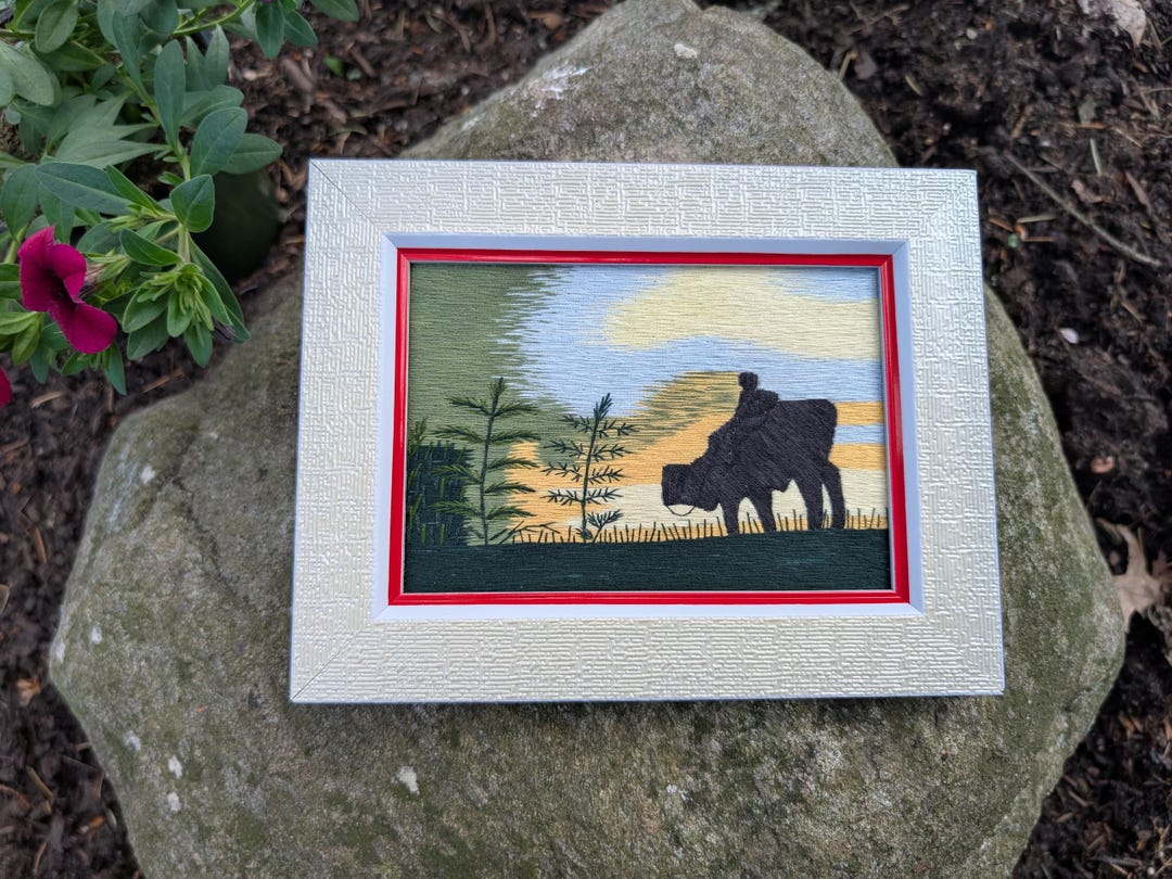 美術品・アンティーク・コレクション ベトナム 刺繍画 水牛 田園風景