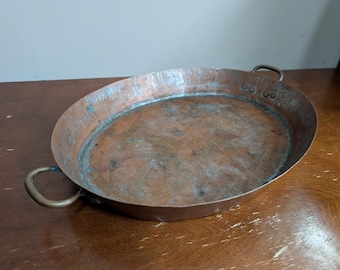 Vintage Hammered Copper Oval Roasting Pan with Brass Handles - Rustic French Country Kitchen Decor