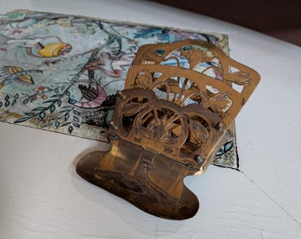 Antique brass Art Nouveau three tiers lotus floral napkin or letter holder, beautiful addition to any office or tablescape