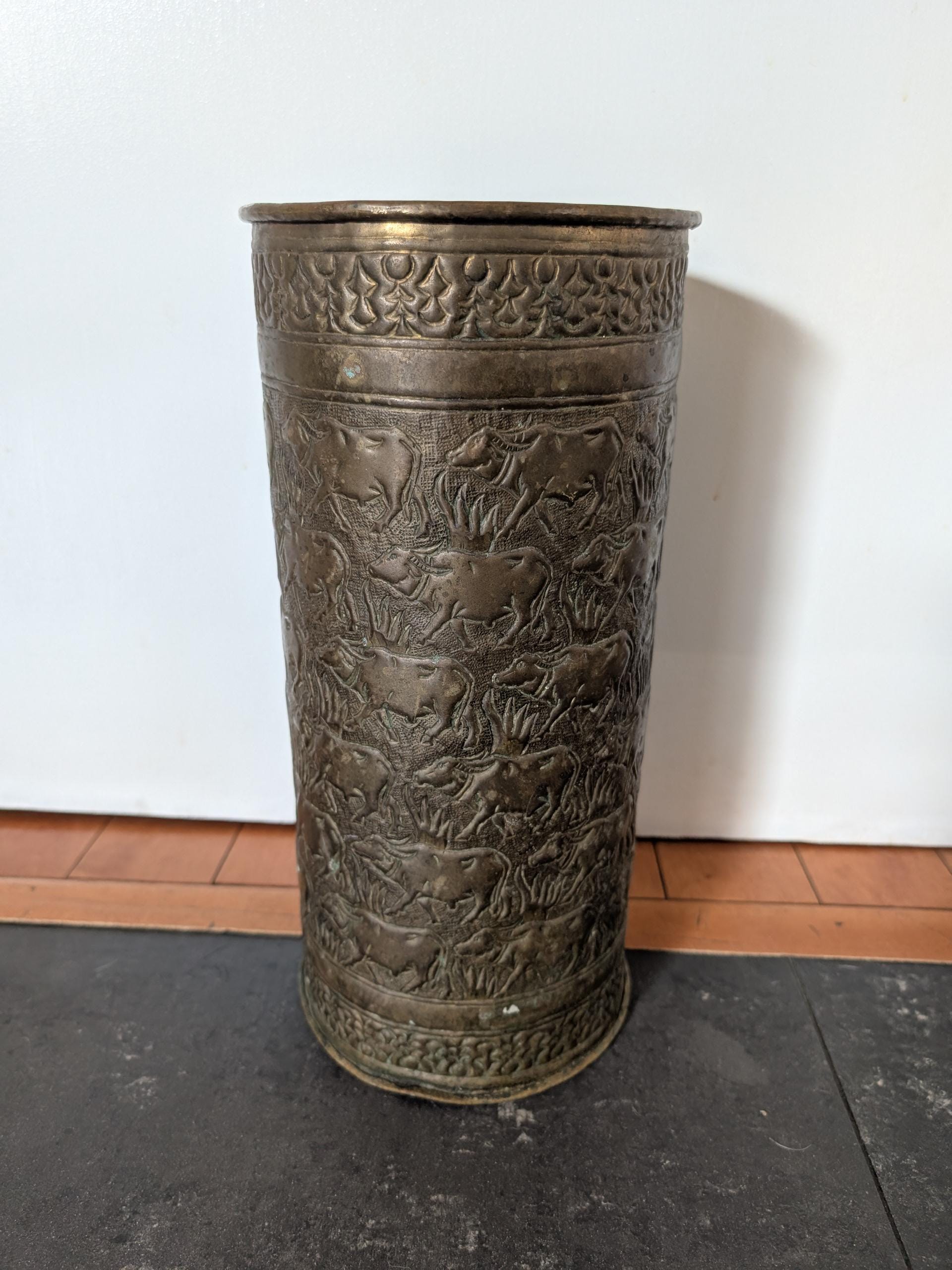 Vintage Brass Umbrella Stand Water Buffalo Repoussé Cane Holder Entryway