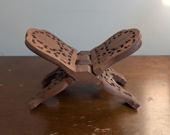 Vintage wooden hand-carved book stand or plant stand. Made with solid wood and intricate floral carvings