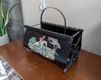 Vintage Handpainted Black Metal Mailbox Magazine Holder: Horse Fence Jumping Countryside Scene