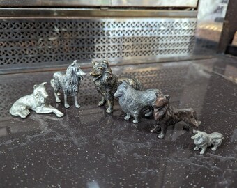 Collection of 6 Collie and Shepherd dogs figures - vintage pewter and metal mini sculptures - Second set