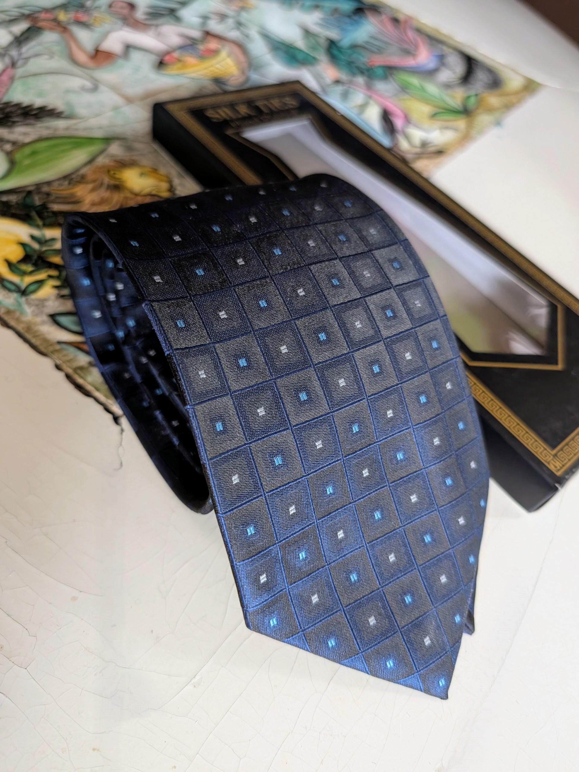 Silk Handmade Tie, 100% Silk with Geometrical Blue Pattern; Vietnam Made