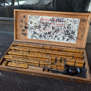Puede incluir: Caja de madera abierta que contiene un juego de bloques de impresión tipográfica vintage. Los bloques están dispuestos en filas y columnas, con letras, números y símbolos individuales. La tapa de la caja tiene texto y gráficos descoloridos.