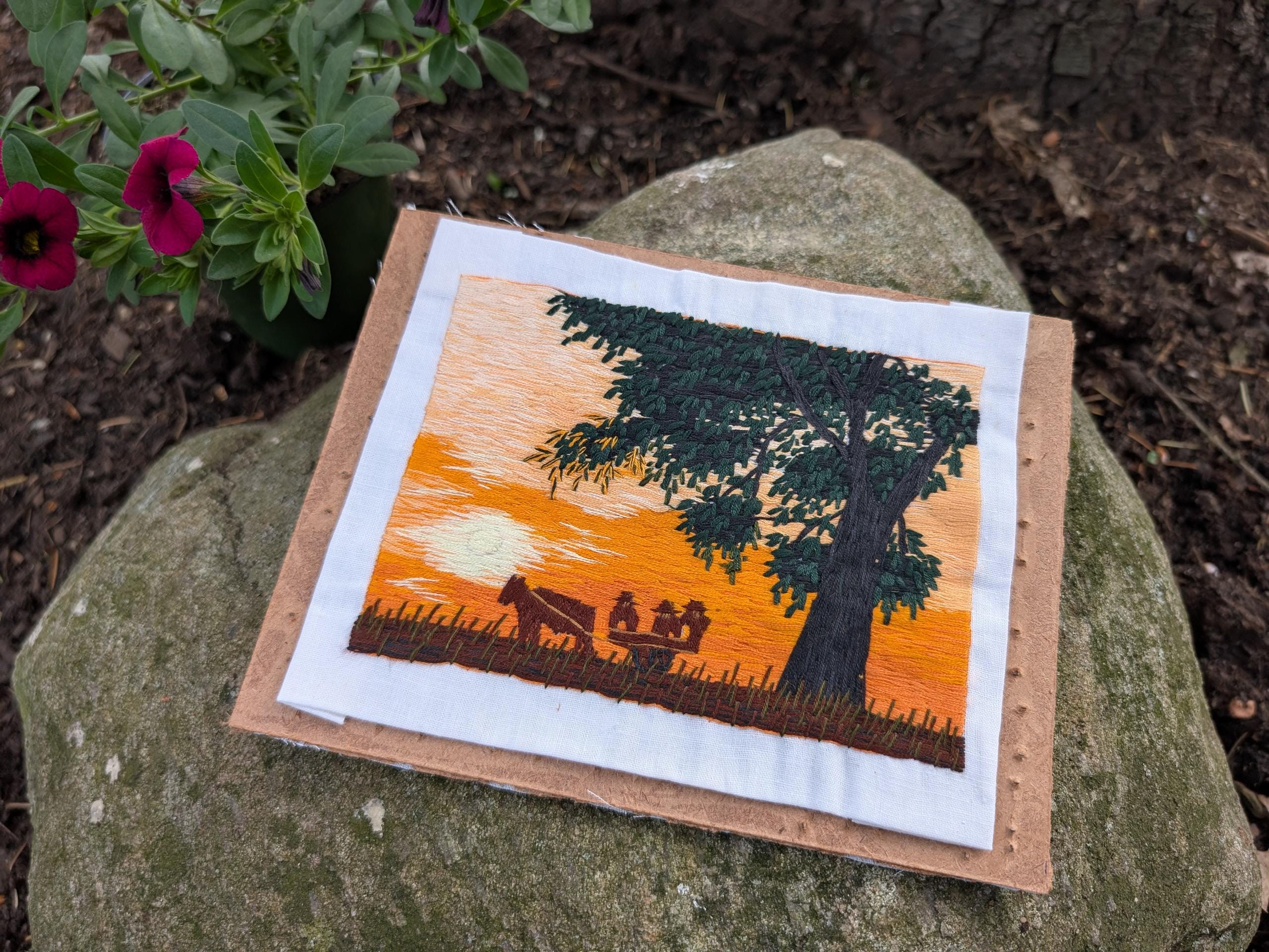 Farmers coming home at sunset embroidery art from Vietnam