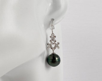 Tahitian Black Pearl Floral Dangle Earrings - Black Pearl Earrings- Tahitian Pearl - Black Pearl