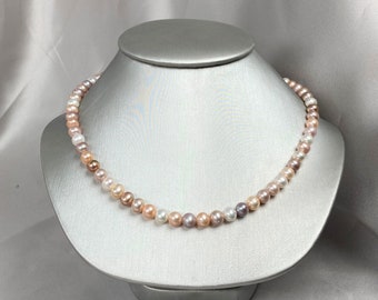 Medium Multicolor Natural Freshwater Pearl Necklace - 6.5-7 mm Pearl necklace - Pink Pearl - Silver Necklace