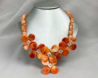 Spiny Oyster Shell - Hand Braided Flower Bead Necklace - Orange Spiny Oyster Necklace - Shell Necklace - Orange Flower Rondelle Necklace