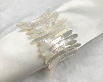 White Mother Of Pearl Elastic Bracelet - Handmade MOP Bracelet - MOP Chips Elastic Bracelet - White MOP Long Chip Bracelet -