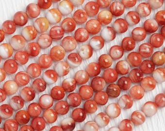Perles rondes en coquillages d'huîtres épineuses naturelles de 16 po. - Orange et rouge vifs, bijoux de haute qualité et perles artisanales