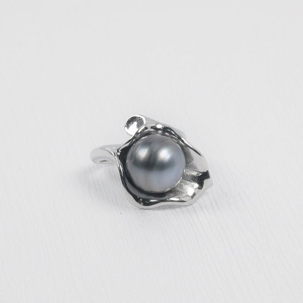 Tahití perla negra anillo de hoja de plata esterlina - Anillo de perlas negras - Perla tahitiana - Perla negra