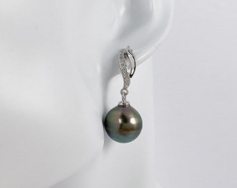 Natural Tahitian Black Pearl Curve Dangle Earrings With Cubic Zirconia Stone - Black Pearl Earrings- Tahitian Pearl - Black Pearl