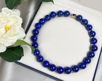 Luxury Natural Blue Lapis Lazuli Stone Necklace with Gold Plated Vermeil Sterling Silver Clasp - Lapis Necklace