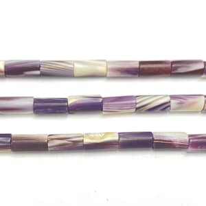 May include: Three strands of rectangular beads in shades of purple, cream, and brown. The beads have a striped pattern and are strung together, creating a decorative element for jewelry making or crafts.