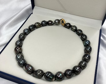 Collar de perlas negras de Tahití naturales de lujo con cierre de plata vermeil 925 - Collar de perlas negras - Perla de Tahití - Perla negra