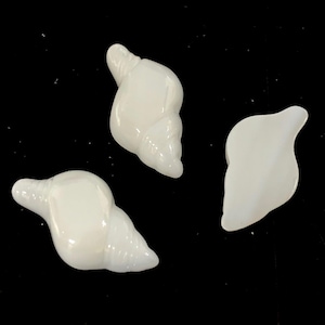 May include: Three white, glossy seashell-shaped beads are arranged against a black background. Two beads have a spiral shape, and the third is a smooth, curved shape. The beads are likely for jewelry making or crafts.