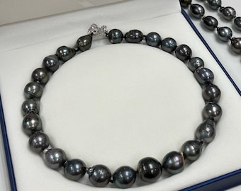 Collar de perlas negras de Tahití naturales de lujo con cierre de plata vermeil 925 - Collar de perlas negras - Perla de Tahití - Perla negra
