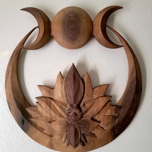 Triple Goddess Lotus Moon Wall Art: Solid Hardwood Lunar Decor