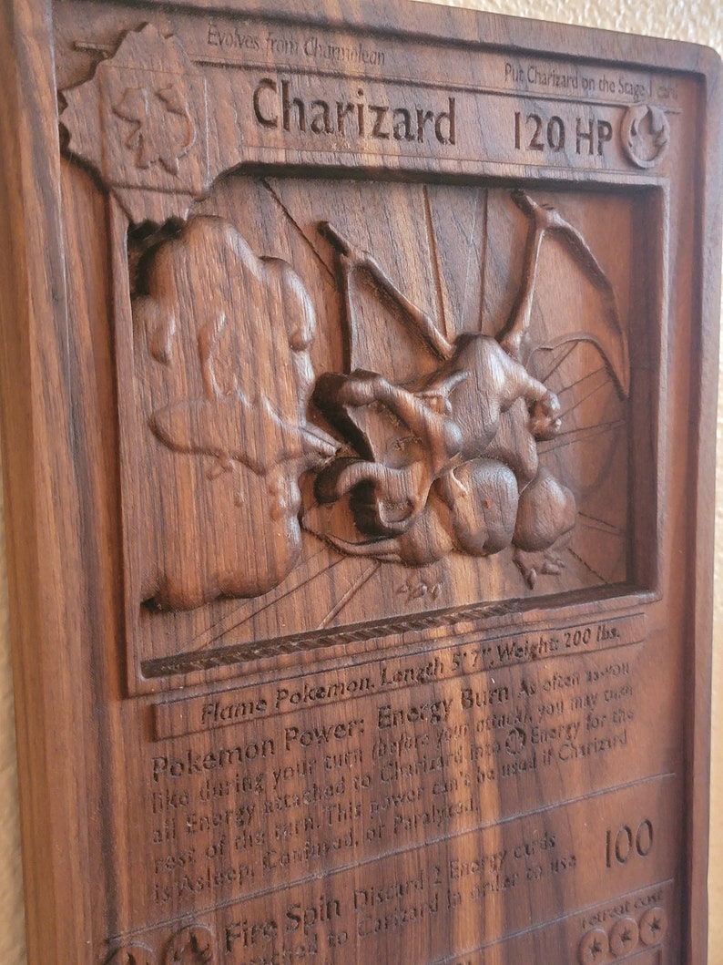3D Charizard Pokemon Card Wall Art Solid Hardwood Perfect Gift Home