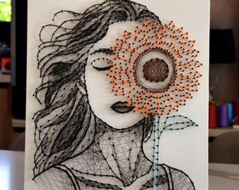 Donna con girasole fai da te con string art, kit fai da te con string art pre-inchiodato, kit fai da te per artigianato