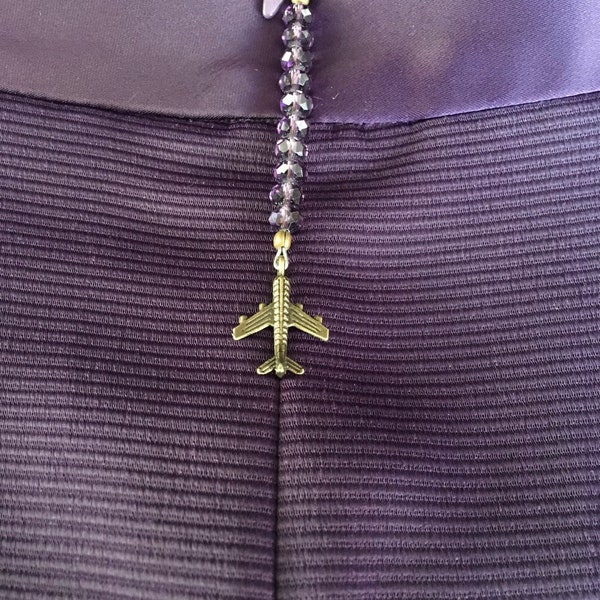 Flight Attendant, Dress Pull, Zipper Pull, Passport Plum, Purple, with Brass Toned Airplane Charm