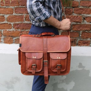 16&quot; leather messenger bag laptop case office briefcase gift for men computer distressed shoulder bag
