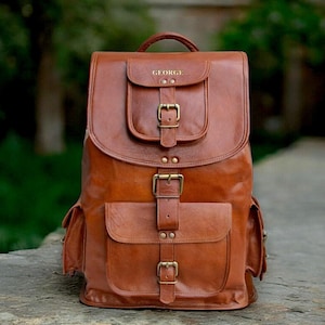 Sac à dos en cuir personnalisé, sac à dos de randonnée de voyage vintage, sac universitaire, sac à dos unisexe pour ordinateur portable, cadeau fait main pour lui/elle cartable universitaire
